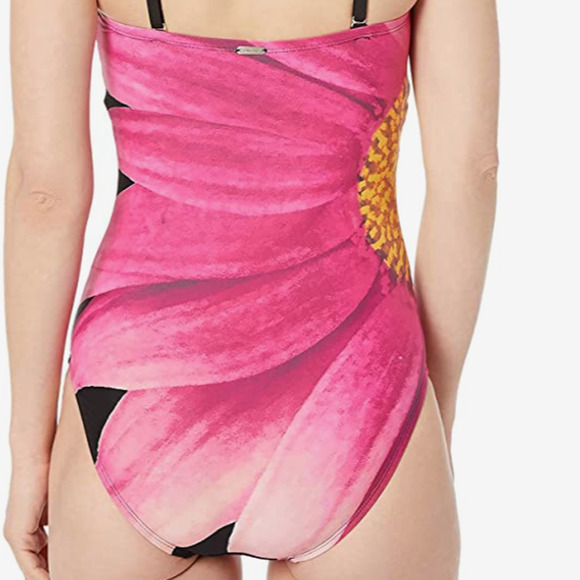 Calvin Klein Classic Bandeau Pink Daisy Flower One Piece Swimsuit 14 NWT - Picture 2 of 3